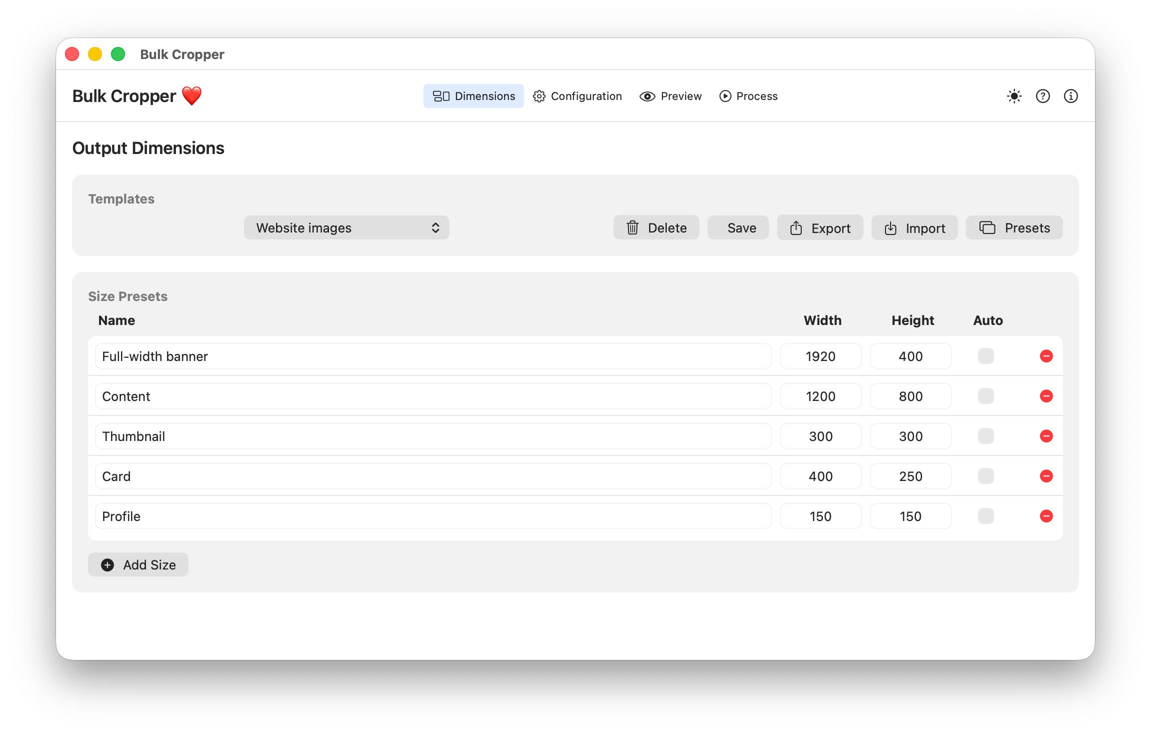 Bulkcropper dimensions interface