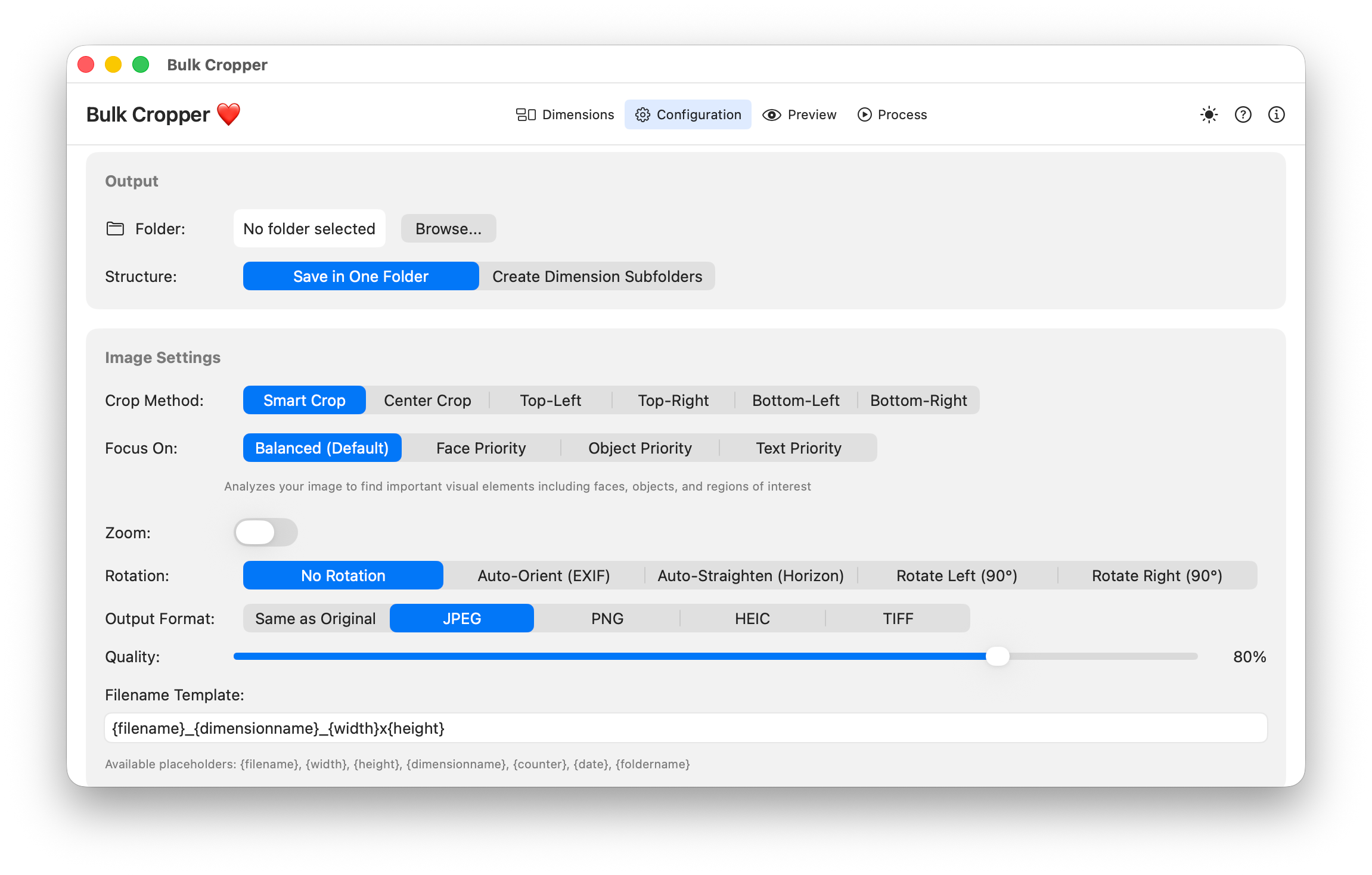 Bulkcropper configuration interface